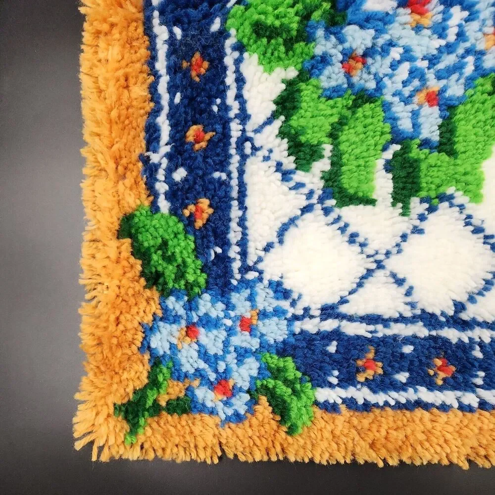 Vintage Completed Latch Hook Rug Flower Rectangle Wall Hanging Cottage Art 27x20